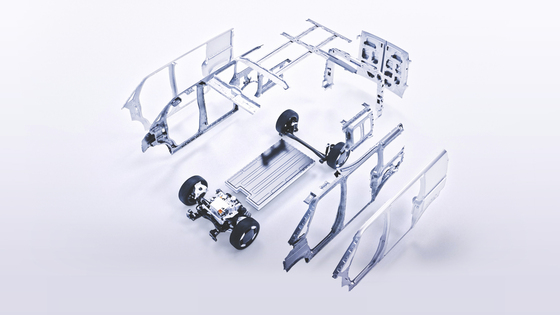 The Flexible Body System applied to Kia’s first purpose-built vehicle (PBV), the PV5. Modularized components allow for efficient production of a wide range of vehicle types. / Kia