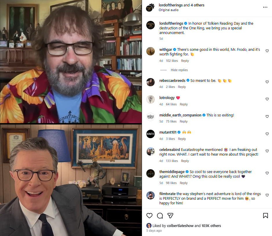 Peter Jackson and Stephen Colbert in the official announcement / Credit: Lord of the Rings Official Instagram