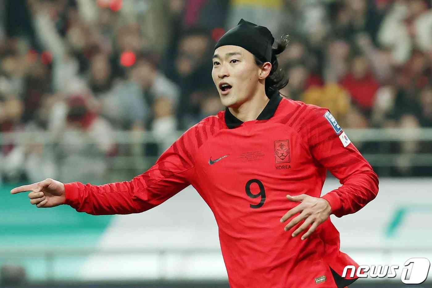 16일 서울 마포구 서울월드컵경기장에서 열린 2026 FIFA 북중미 월드컵 아시아 지역 2차 예선 C조 조별리그 대한민국과 싱가포르의 경기에서 조규성이 첫 골을 성공시킨 뒤 기뻐하고 있다. 2023.11.16/뉴스1 © News1 민경석 기자