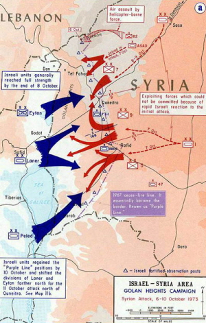 1973년 10월 6~10일의 골란고원 전투 상황도<br>
시리아가 골란고원으로 공격한 상황