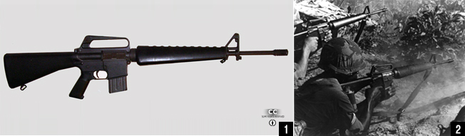 
1. AR-15 소총은 7.62mm 탄 대신 5.56㎜의 소구경 경량 탄환을 채용하여, 무게와 반동을 획기적으로 줄였다. <출처: Wikipedia> 

<br><br>
▲ 2. 군에 도입된 AR-15 소총은 M-16이라는 제식명칭을 부여 받게 되고, 베트남전쟁이 가속화되면서 미 공군 뿐만 아니라 미군의 제식소총으로 거듭나게 된다. <출처: 미 육군> 
