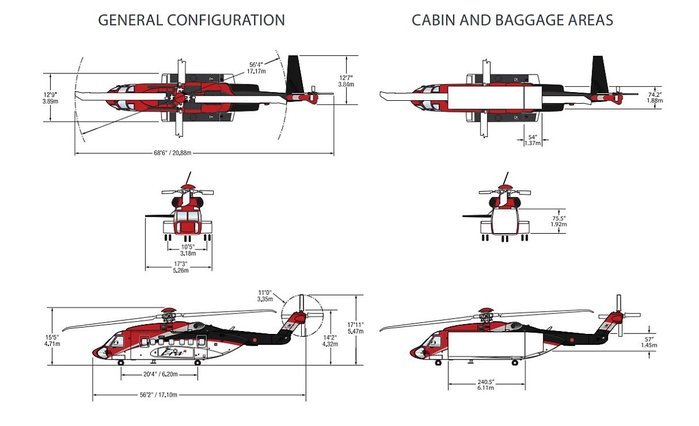 S-92A 헬리콥터 외부와 캐빈 삼면도 <출처 : Era Sikorsky S92 GWE 브로우셔 캡쳐>