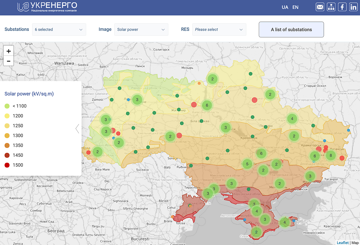 우크라이나는 원자력 및 화력 에너지에 대한 의존도를 낮추기 위해 자연 에너지를 생산할 수 있는 태양열 발전체계를 주요 도시 위주로 설비했다. 이를 통해, 2020년에는 우크라이나 전역에서 5GW의 전기를 생산했다. <출처: https://solcast.com/solar-forecasting/ukraine-solar-irradiance-data-and-power-forecasts/>