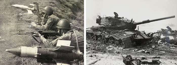 AT-3 새거 대전차유도미사일(왼쪽 사진)은 4차 중동전에서 이스라엘 전차를 파괴하면서(오른쪽 사진) 대전차유도미사일의 위력을 전 세계에 각인시켰다. <출처: Public Domain>