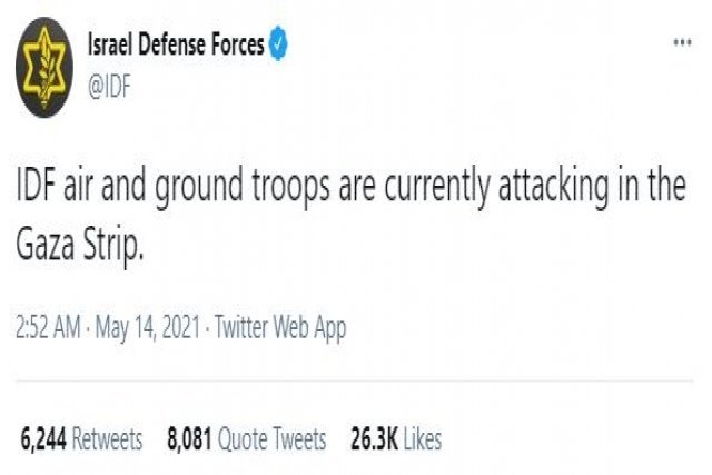 5월 14일 가자지구에 대한 지상 및 공중공격을 알리는 IDF의 트위터 <출처: IDF Twitter>