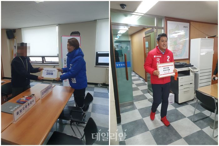 고민정 더불어민주당 광진을 국회의원 후보(왼쪽)와 오신환 국민의힘 광진을 국회의원 후보(오른쪽)이 21일 오전 서울 광진구 중곡동에 위치한 광진구선거관리위워회에 후보 등록을 하고 있다. ⓒ데일리안 김민석 기자