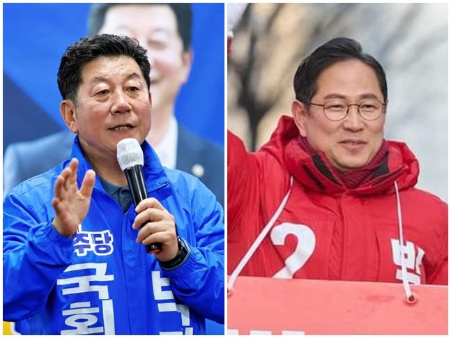 22대 4·10 총선 부산 최대 '격전지'로 꼽히는 부산 남구 후보자 지지율에서 박수영 국민의힘 후보가 박재호 더불어민주당 후보를 오차범위 내에서 소폭 앞서는 것으로 나타났다. ⓒ박재호·박수영 페이스북