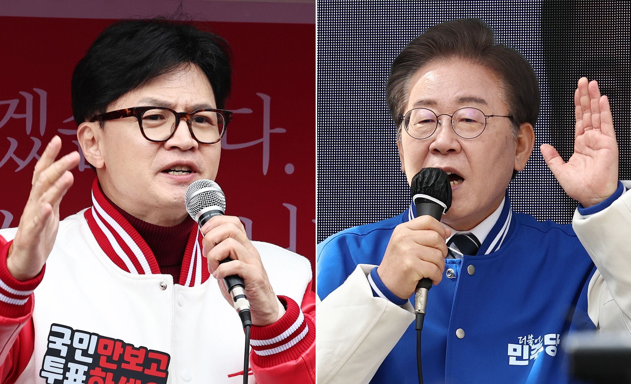 이재명 더불어민주당 대표(오른쪽)와 한동훈 국민의힘 비상대책위원장이 서울과 인천에서 주말 지원유세를 하고 있다. /뉴스1