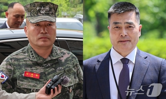 김계환 해병대 사령관(사진 왼쪽)과 박정훈 전 해병대 수사단장이 21일 경기 과천시 정부과천청사 고위공직자범죄수사처에 채상병 사건 수사 관련 조사를 받기 위해 출석하고 있다. 2024.5.21/뉴스1 © News1 김도우 기자