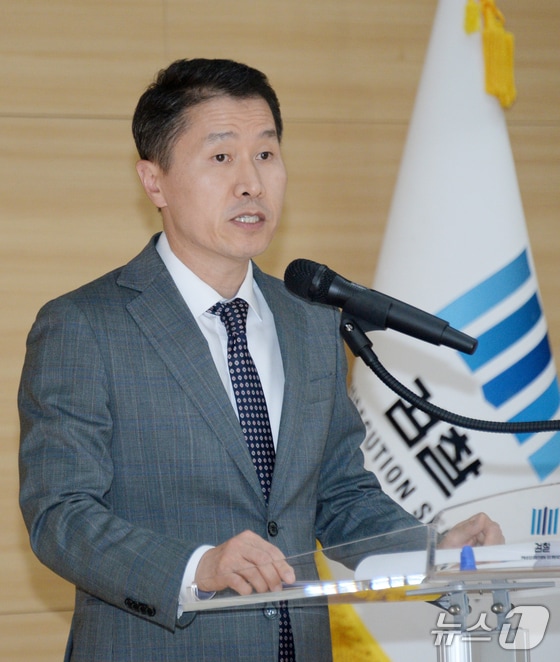 박영진 전주지방검찰청 신임 검사장이 16일 전북자치도 전주시 전북지방검찰청에서 열린 취임식에서 취임사를 하고 있다. 2024.5.16/뉴스1 © News1 유경석 기자