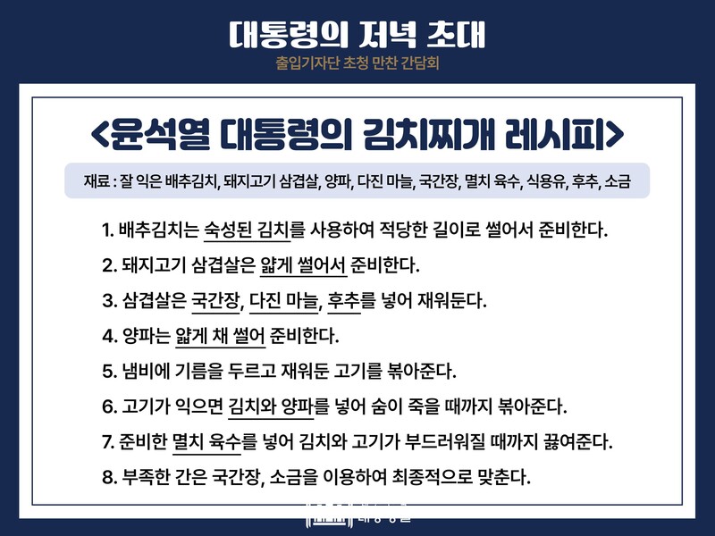 ▲대통령실이 공개한 윤석열 대통령의 김치찌개 레시피 이미지