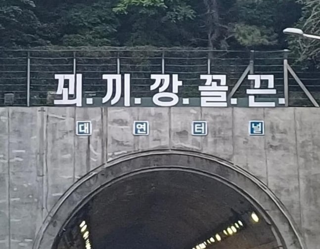 부산 도시고속도로 입구 위 정체불명 문구. /인터넷 커뮤니티 캡처