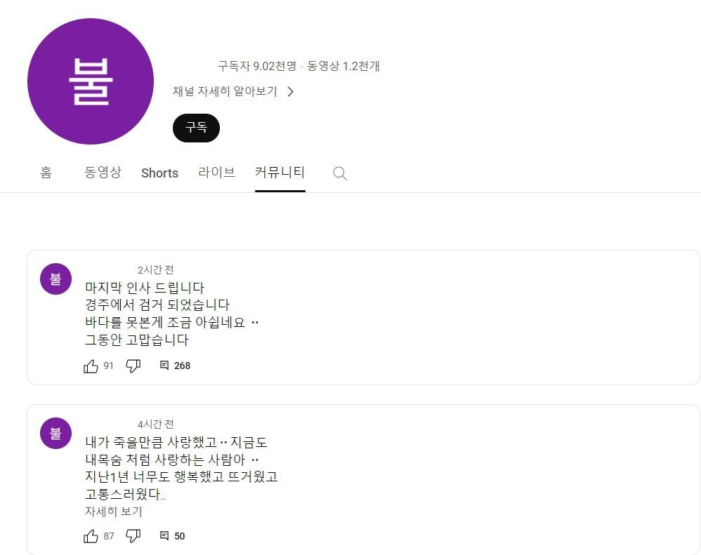 9일 부산 법조타운에서 흉기 살해 혐의로 경찰에 잡힌 B씨의 유튜브 채널. /유튜브 캡처