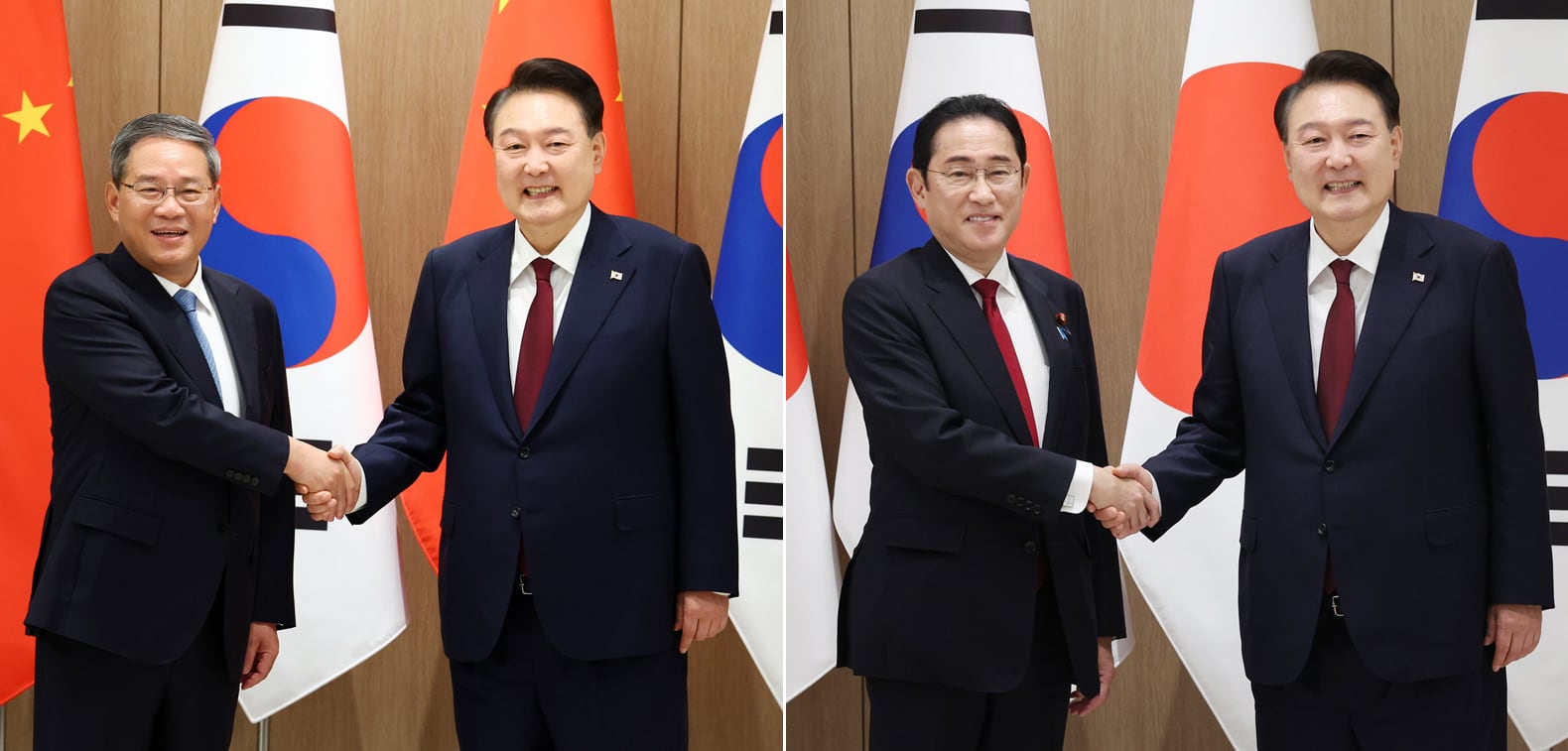 윤석열 대통령이 26일 서울 용산 대통령실에서 리창 중국 국무원 총리(사진 왼쪽), 기시다 후미오 일본 총리와 각각 양자 회담을 하며 악수하고 있다. /연합뉴스