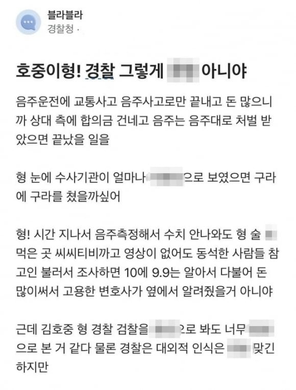 한 경찰이 직장인 익명 커뮤니티 ‘블라인드’에 게시한 글. /온라인 커뮤니티 캡처