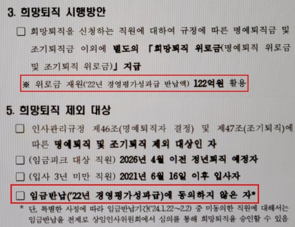 한국전력 '2024년 희망퇴직 시행 기준' 공문의 일부. /익명 제공