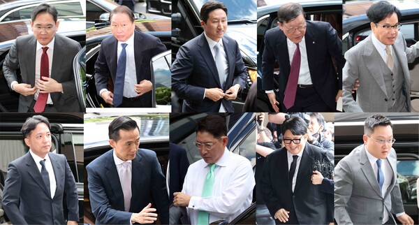 국내 총수·기업인들이 28일 오후 서울 중구 한 호텔에서 열린 빈 자이드 알 나하얀 아랍에미리트(UAE) 대통령과의 간담회에 참석하고 있다. 왼쪽 위부터 시계방향으로 이재용 삼성전자 회장, 최태원 SK그룹 회장, 정기선 HD현대 부회장, 허태수 GS그룹 회장, 이재현 CJ그룹 회장, 조만호 무신사 총괄대표, 방시혁 하이브 의장, 조현준 효성그룹 회장, 김동관 한화그룹 부회장, 김택진 엔씨소프트 대표의 모습. / 뉴스1