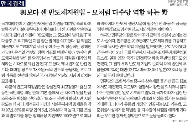 ▲27일 한국경제 사설.