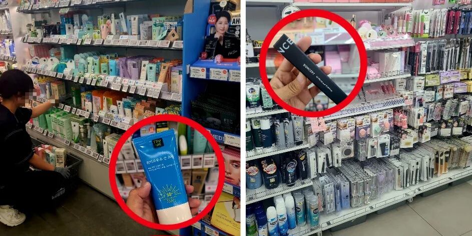 지난 11일 오전 10시 30분 서울 중구에 위치한 CJ올리브영에서 한 직원이 방수 제품 재고를 채우고 있다. 동그라미 안은 '워터프루프 선블록' 제품(왼쪽). 같은날 오후 2시 서울 마포구에 위치한 다이소의 화장품 코너에 3000원짜리 방수 아이라이너가 비치돼 있다. /민영빈 기자