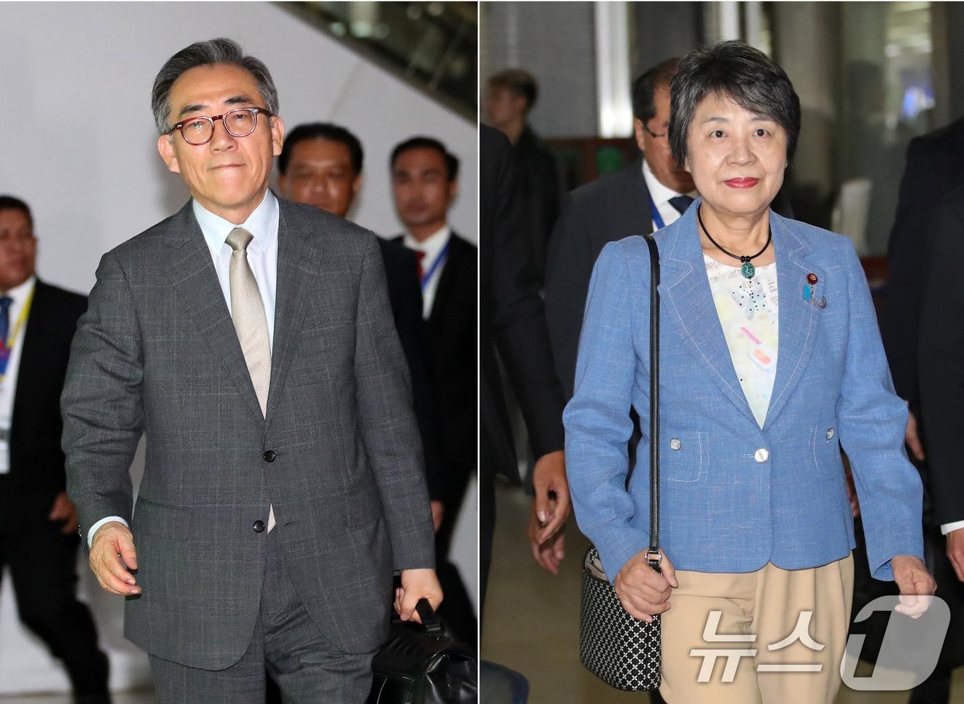 조태열 외교부 장관과 가미카와 요코 일본 외무상이 아세안(ASEAN·동남아시아국가연합) 관련 외교장관회의 개막을 하루 앞둔 25일(현지시간) 라오스 비엔티안 왓타이 국제공항에 나란히 도착하고 있다. 2024.7.25/뉴스1 ⓒ News1 오대일 기자