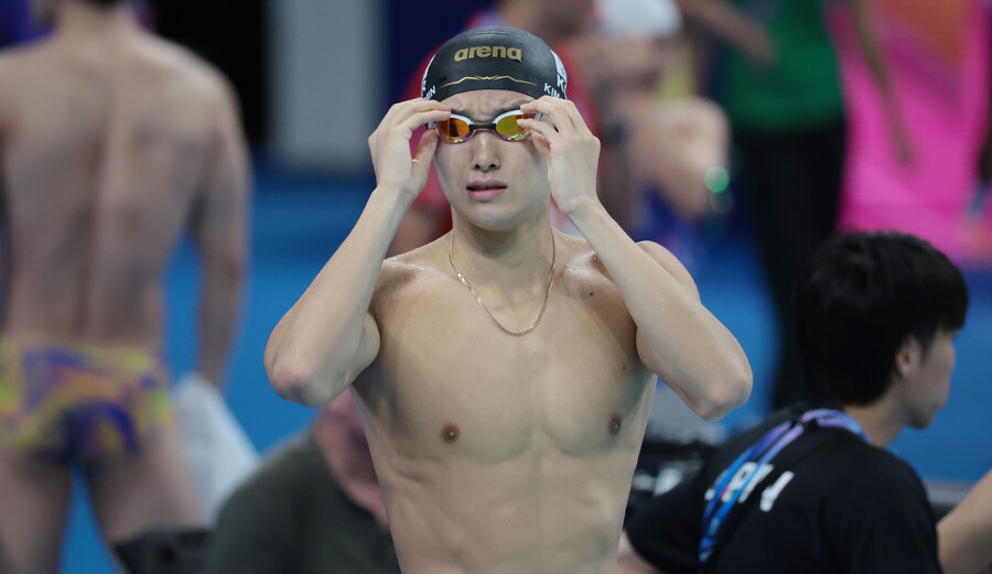 ▲ 한국 수영 르네상스의 간판 중 하나인 김우민은 400m에서 메달을 기대하고 있다. 이번 올림픽에 출전한 선수 중 개인 기록에서는 ‘TOP 4’ 안에 들고, 최근 상승세를 고려하면 메달도 충분히 가능하다는 평가를 받는다. ⓒ연합뉴스