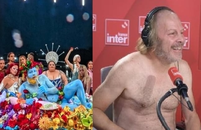 파리 올림픽 개회식 당시 파란망사 옷을 입고 반 나체로 노래를 부른 필리프 카트린느가 라디오에서 알몸으로 방송을 진행하고 있다./연합뉴스, 유튜브 France Inter 캡처 