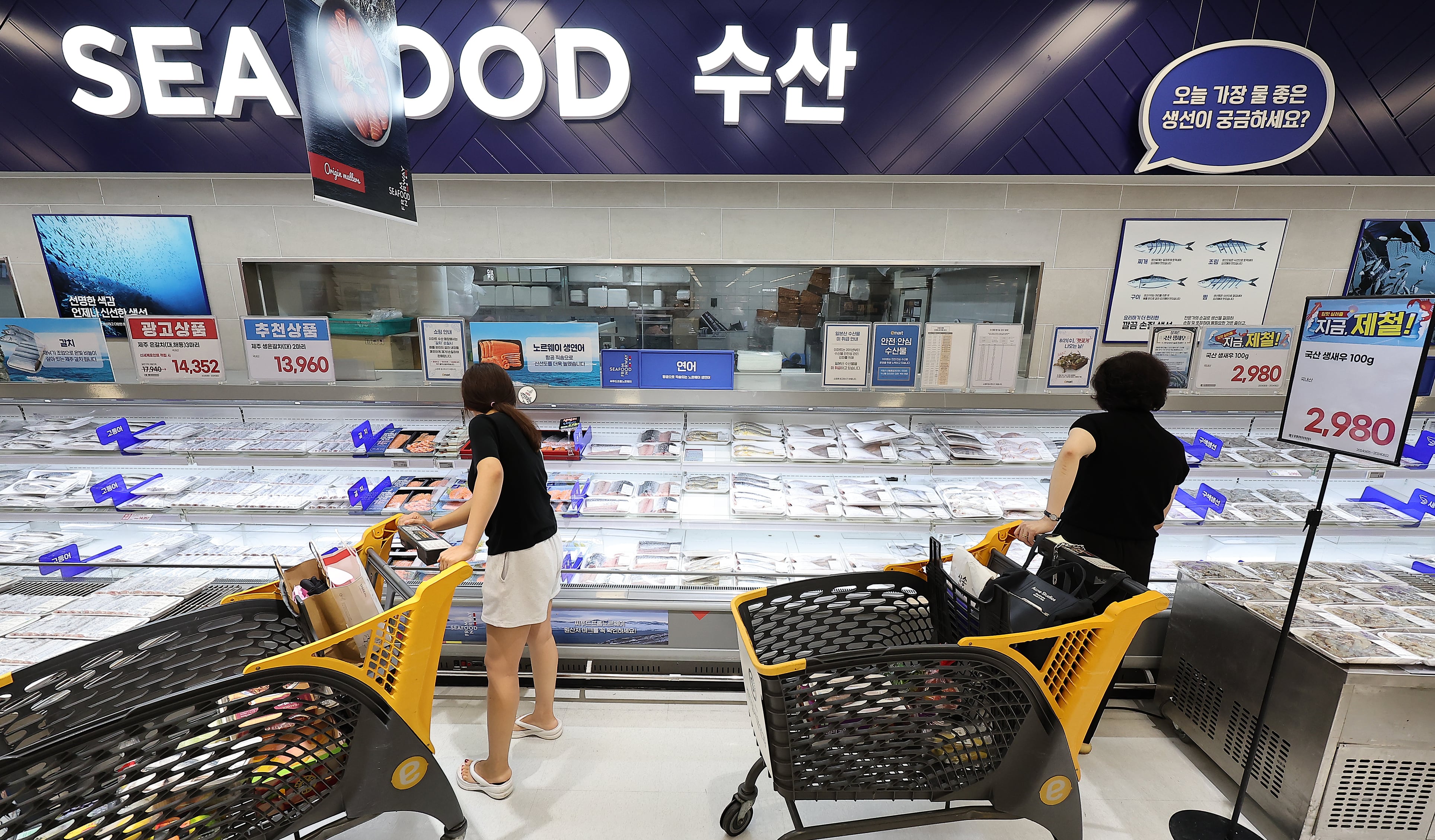 서울 시내 한 대형마트 내 수산물 코너를 찾은 시민들이 물건을 고르는 모습. /뉴스1