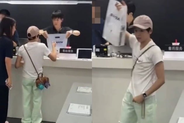 중국 최연소 올림픽 금메달리스트인 '다이빙 천재' 취안훙찬(17)이 매장에서 아이폰을 사고 있다. /웨이보 캡처