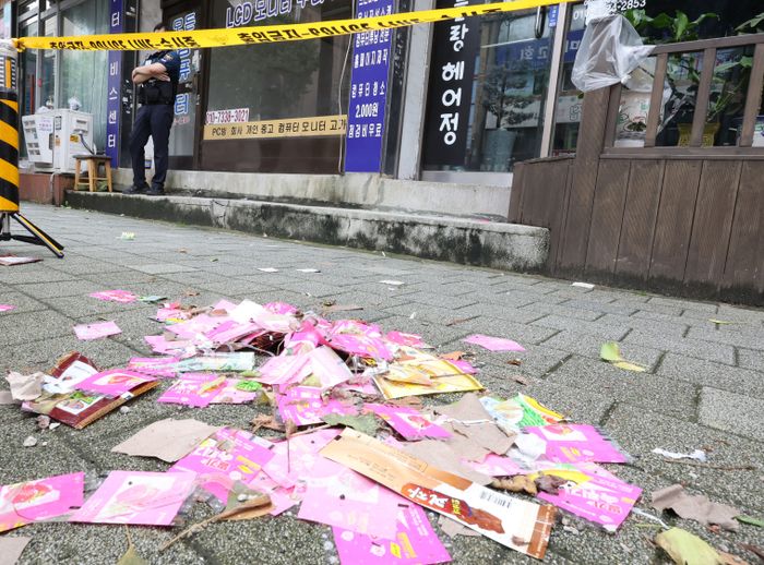 인천 부평구 부평고등학교 인근 인도에 북한 쓰레기 풍선에서 떨어진 것으로 추정되는 인쇄물이 흩어져 있다(자료사진). ⓒ뉴시스