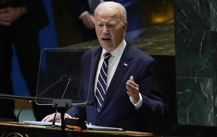 조 바이든 미국 대통령이 24일(현지시간) 뉴욕 유엔 본부에서 열린 유엔 총회에서 연설하고 있다. ⓒAP/뉴시스