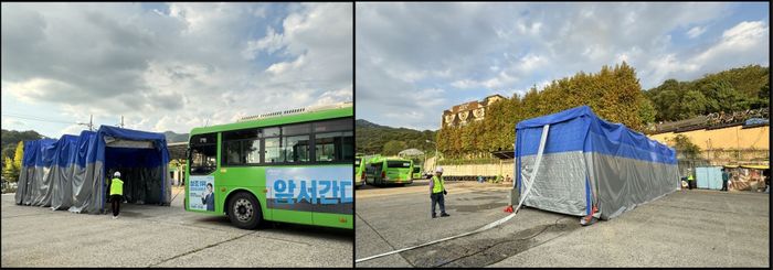 자동식 질식소화포 시연 전 후. ⓒ안양시 제공