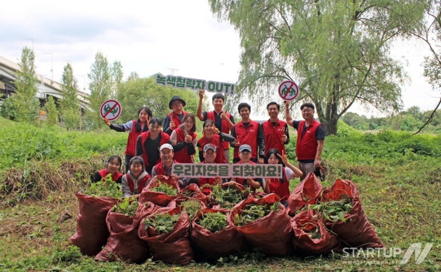AJ네트웍스가 지난 25일 서울 송파구 탄천에서 생태계 교란식물 퇴치 활동을 진행했다. (사진=AJ네트웍스)