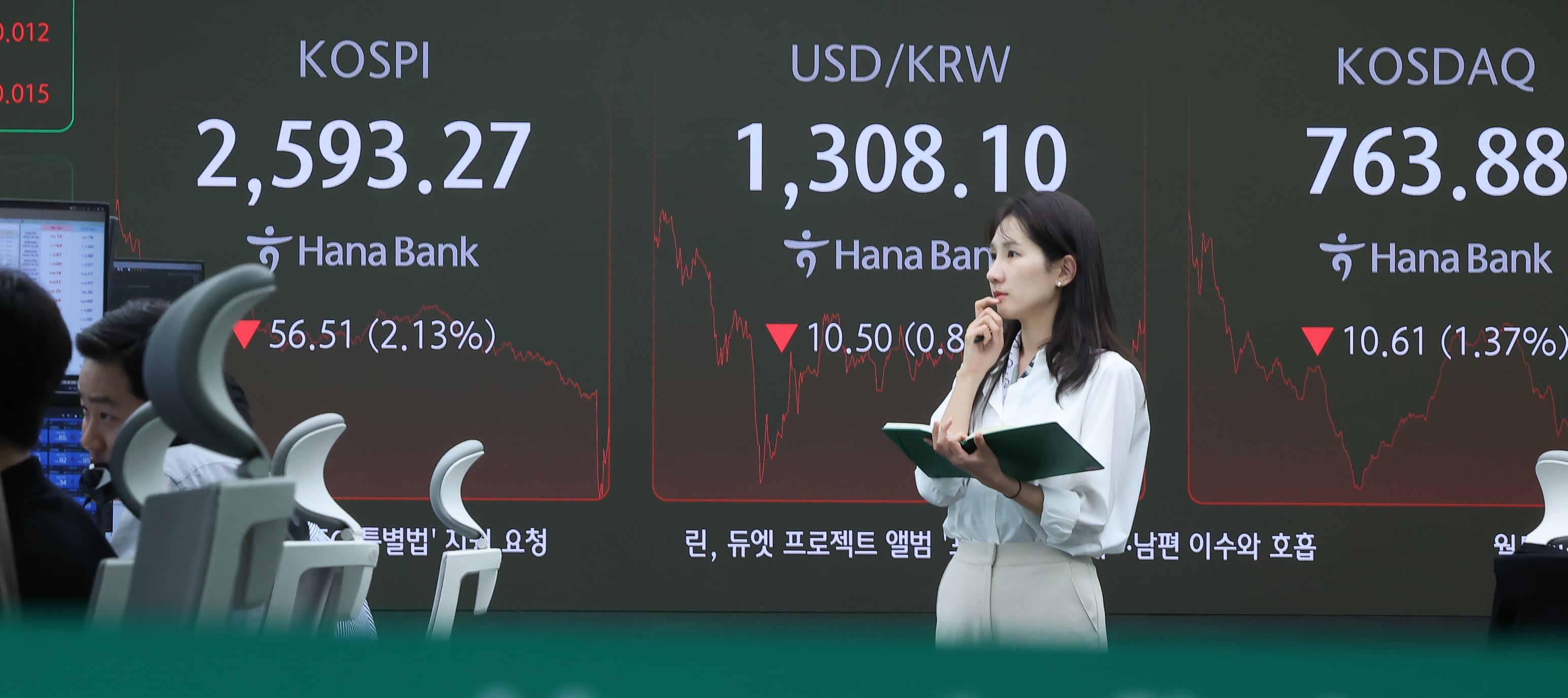 30일 오후 서울 중구 하나은행 본점 딜링룸 전광판에 환율 종가가 표시되고 있다. /뉴스1