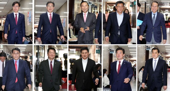 31일 오후 서울 여의도 국회 원내대표실에서 열린 원내대표 주재 비공개 중진회의에 국민의힘 의원들이 참석하고 있다. 왼쪽부터 시계방향으로 조경태 의원, 권성동 의원, 박덕흠 의원, 이헌승 의원, 권영세 의원, 박대출 의원, 윤영석 의원, 김태호 의원, 안철수 의원, 윤상현 의원 ⓒ뉴시스