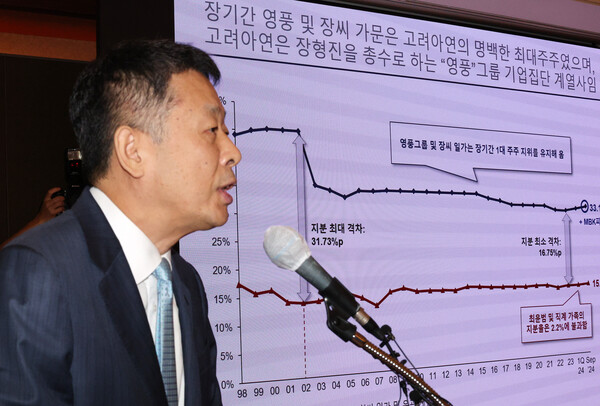 김광일 MBK 파트너스 부회장이 9월 19일 오전 서울 중구 롯데호텔에서 열린 MBK파트너스 고려아연 공개매수 관련 기자간담회를 하고 있다. / 뉴스1