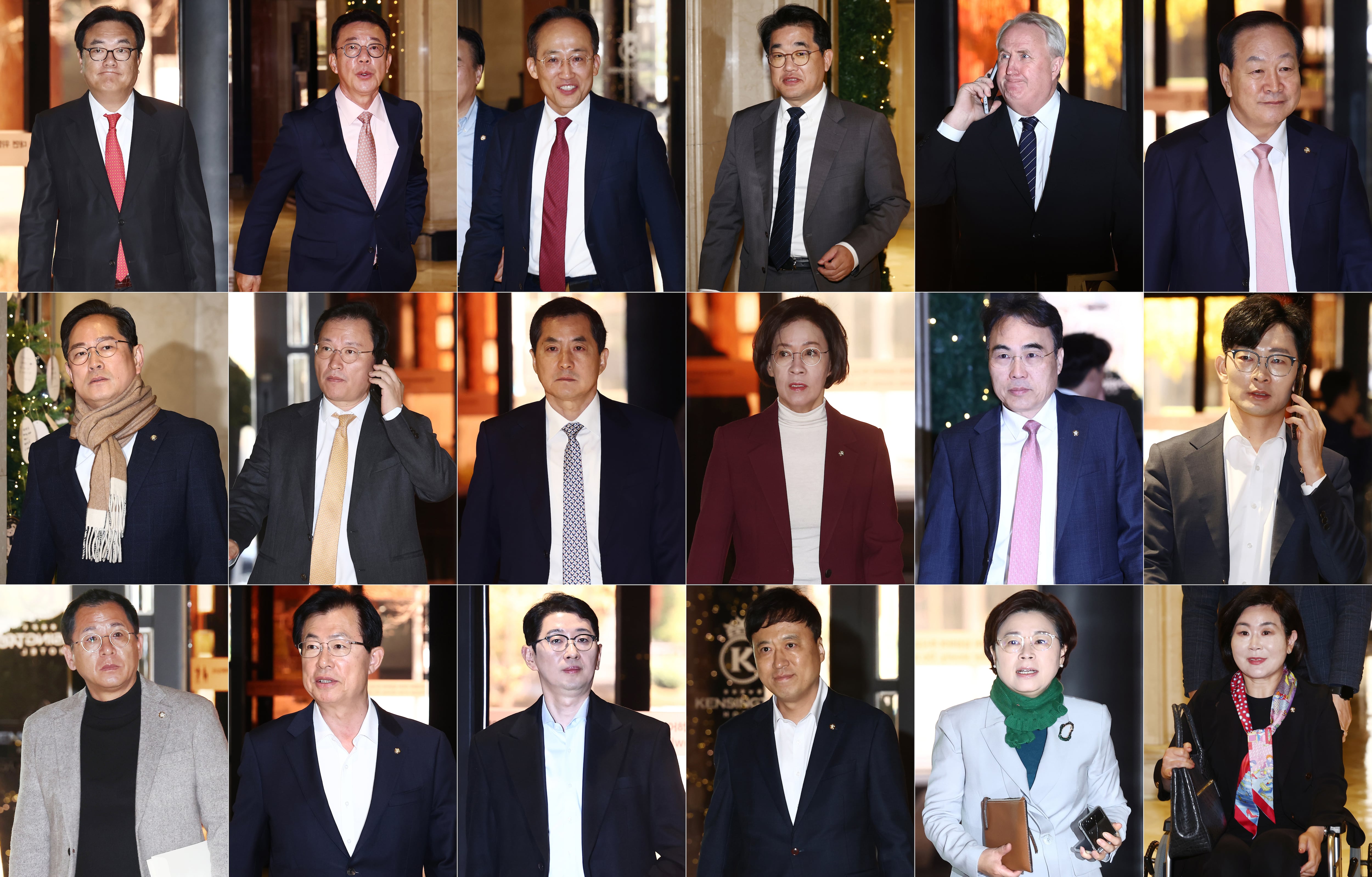 정진석 대통령비서실장과 국민의힘 의원들이 25일 서울 여의도 한 호텔에서 오찬을 하기 위해 이동하고 있다. (첫번째줄 왼쪽부터 시계방향으로) 정 실장, 홍철호 정무수석, 국민의힘 추경호 원내대표, 배준영 원내수석부대표, 인요한·한기호·박충권·이종욱·이인선·박대출·김형동·박수영·이상휘·이만희·주진우·정성국·김정재·김희정 의원. /뉴스1
