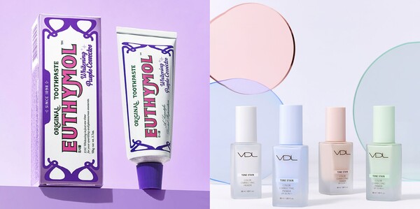 유시몰 화이트닝 퍼플코렉터 치약(왼쪽)과 VDL 톤스테인 컬러 코렉팅 프라이머 제품. / LG생활건강