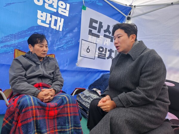 27일 오전 11시 국민의힘 진종오 의원이 단식투쟁 현장을 찾았다. 사진=이수현 기자(포인트경제)