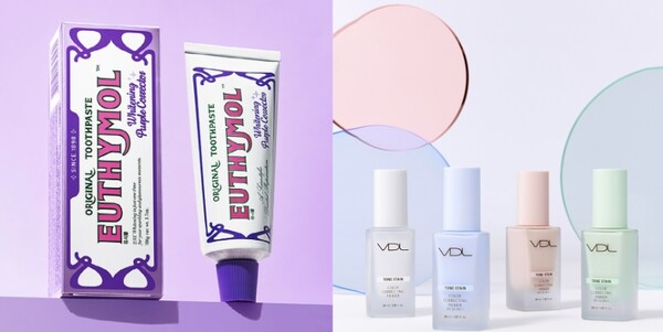 위 사진은 유시몰 화이트닝 퍼플코렉터 치약(좌), VDL 톤스테인 컬러 코렉팅 프라이머(우) 제품이미지 [사진제공=LG생활건강]