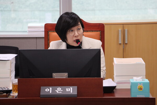 이은미 경기도의원이 지난 26일 열린 제379회 정례회 자치행정국 및 인권담당관 예산안 심사에서 선감학원 피해자 지원에 대한 적극적인 홍보 등 대책을 촉구하고 있다. 경기도의회 제공