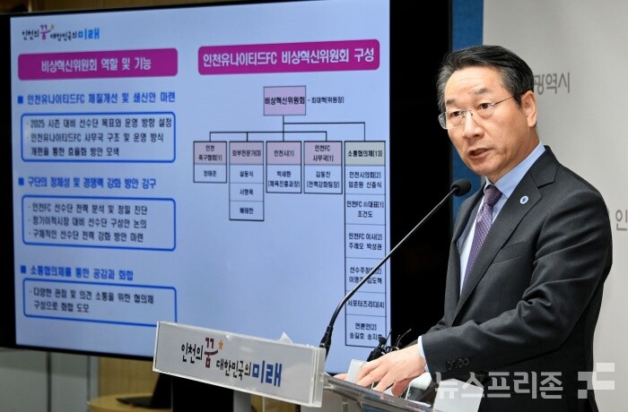 유정복 인천광역시장이 25일 시청 브리핑룸에서 접견실에서 인천유나이티드 FC 혁신계획을 발표하고 있다./사진=인천시청