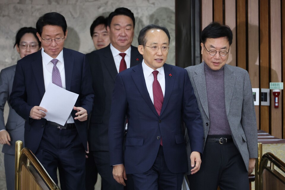추경호 국민의힘 원내대표를 비롯한 원내지도부가 29일 서울 여의도 국회에서 열린 원내대책회의에 참석하고 있다. (사진=연합뉴스)