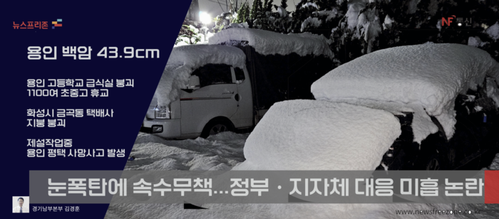 117년 만에 내린 폭설이라는 27일과 28일 평균 40cm 적설량을 보이는 가운데 붕괴 사망 단전 단수 교통대란이 잇따르고 있다. 폭설은 천재이지만 복구대책에 총력전을 전개중인 정부와 지자체에 대한 대책이 미흡하다는 논란이 예고되고 있다. 사진은 눈이 쌓인 평택시 합정동 소재 참이슬 아파트 한 주차장 (그래픽 경기남부 김현태)