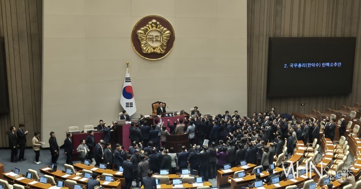27일 서울 여의도 국회에서 열린 본회의에서 한덕수 대통령 권한대행 겸 국무총리에 대한 탄핵소추안 표결에 앞서 '과결 정족수'를 설정한 우원식 국회의장에게 항의하는 국민의힘 의원과 탄핵안을 투표하는 야당 의원들 