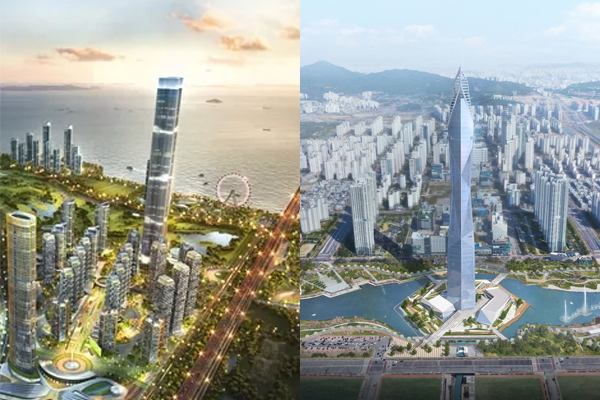 (왼쪽)인천 송도국제도시(6·8공구) ‘아이넥스(INEX)’ 조성사업 조감도. (오른쪽)청라시티타워 조감도./사진=인천경제청