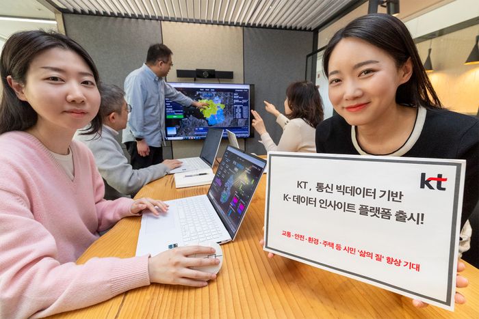 모델이 KT 통신 빅데이터와 AI 분석 기술을 활용해 지역별 인구 흐름과 특성을 정밀하게 분석하고 추정할 수 있는 K-데이터 인사이트 플랫폼을 소개하는 모습ⓒKT