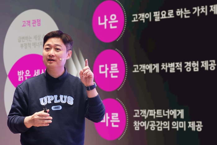 홍범식 LG유플러스 대표가 지난 10일 서울 용산사옥에서 취임 100일을 맞아 타운홀미팅을 진행하고 있다.