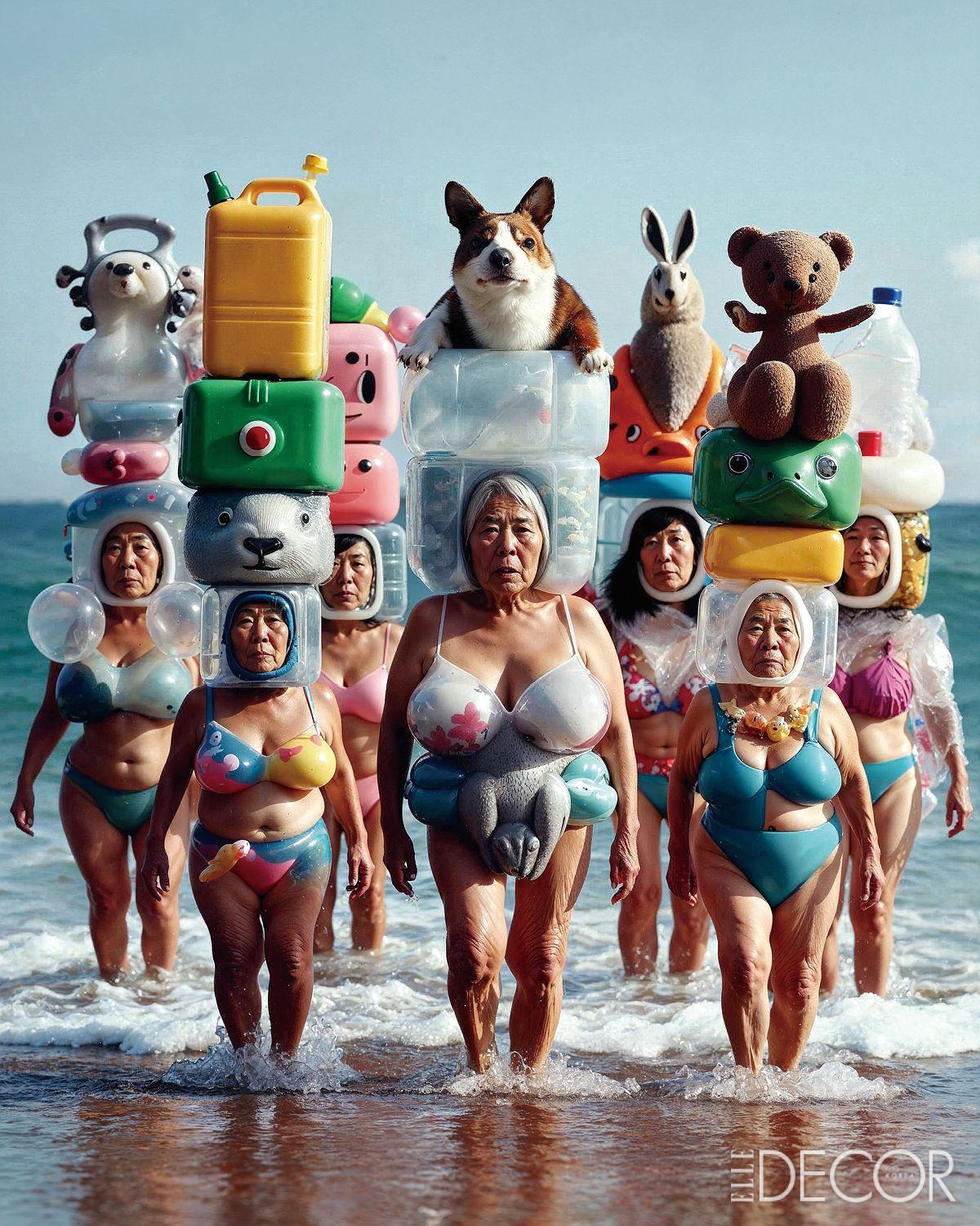 ‘Auntlantis: A Plastic Vacation’. 쓰레기로 가득한 휴양지에서 재활용 의상을 입고 휴가를 즐기는 이모들이 등장한다.