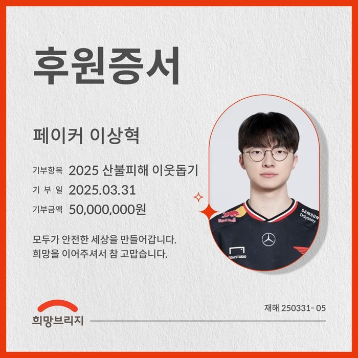 1일 T1은 페이커가 희망브리지 전국재해구호협회에 5000만원을 전달했다고 밝혔다. ⓒT1