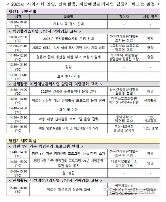 '2025년 지역사회 영양·신체활동·비만예방관리사업 워크숍' 일정